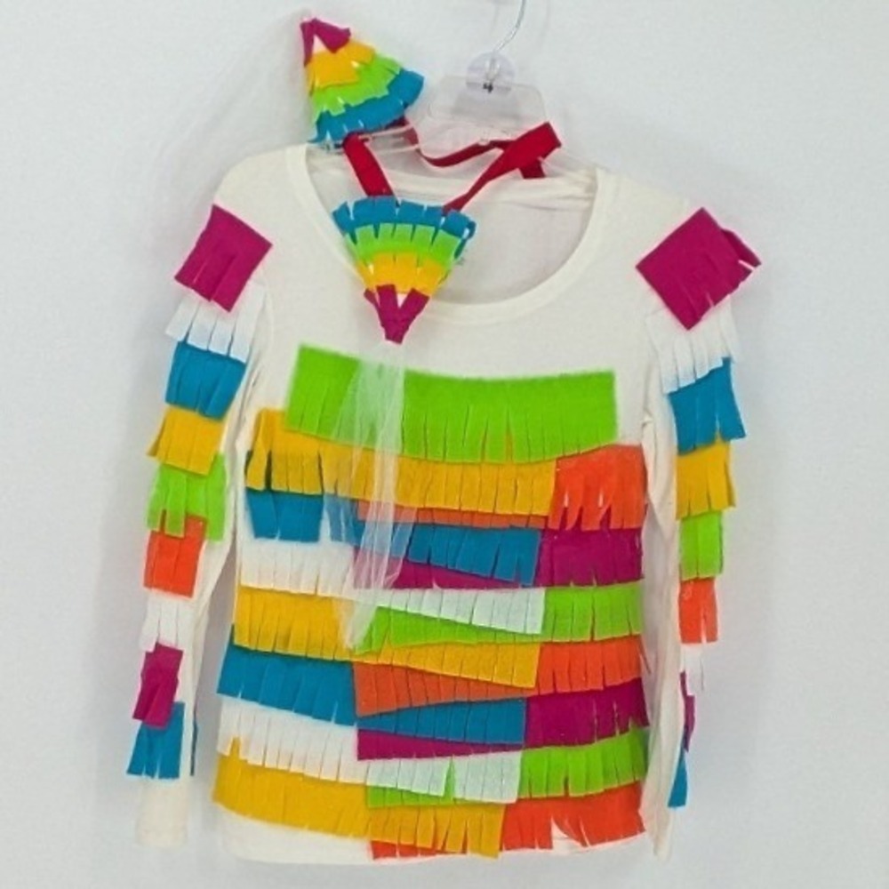 Homemade Piñata Costume Youth Large $25 Rainbow Fringe Felt Shirt Two Point Hat‎